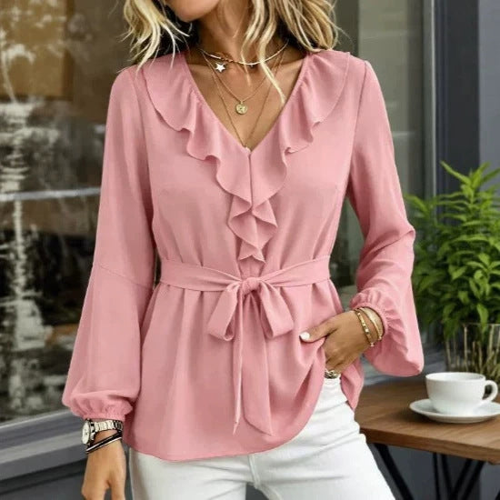 Ruffle V-Neck Tie Waist Lantern Sleeve Blouse