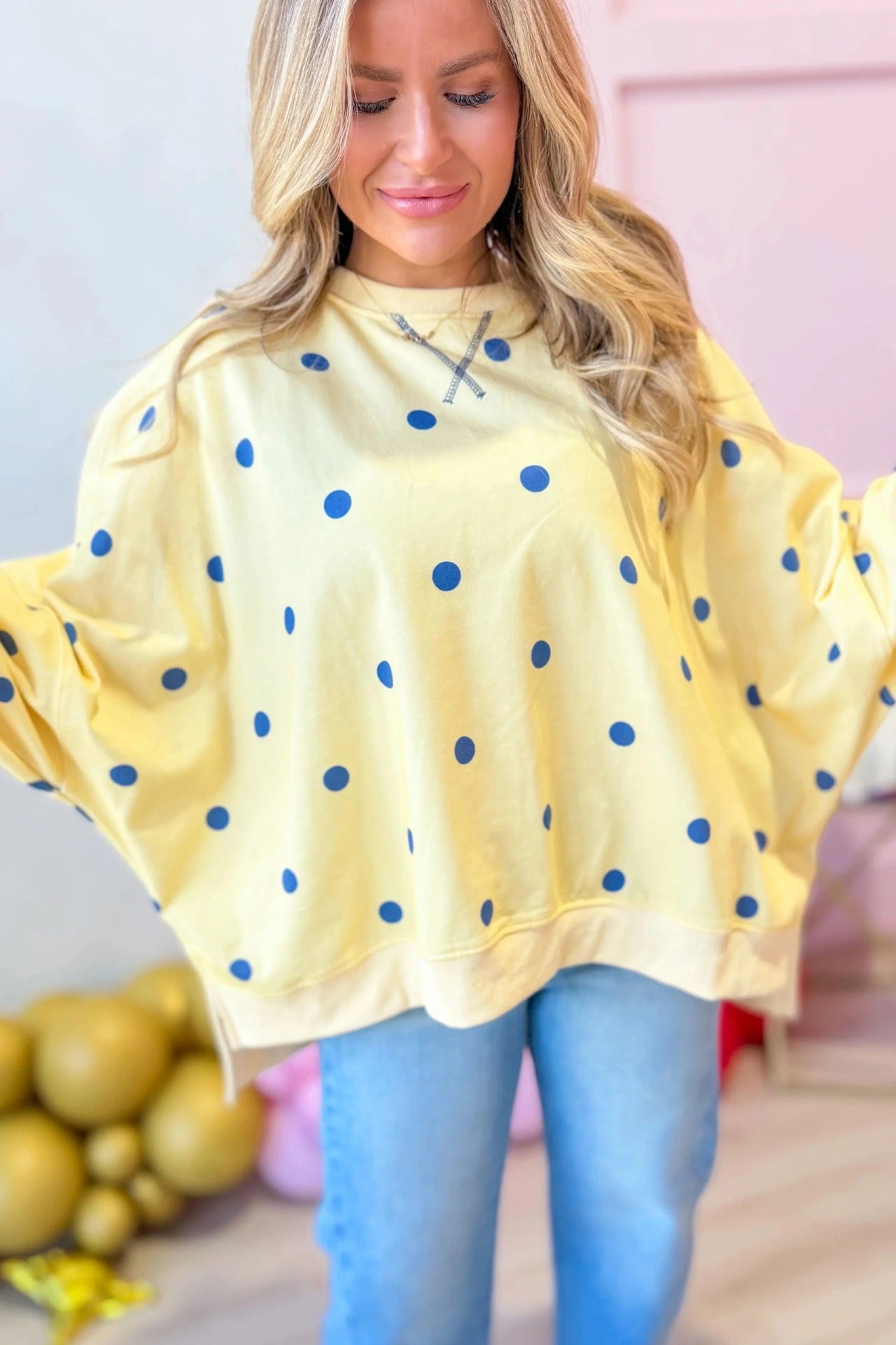 Polka Dot Oversized Sweatshirt Casual Crewneck Pullover