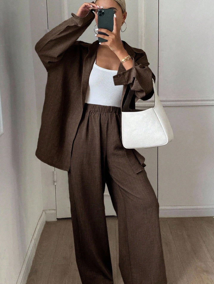 Linen Blend Button Down Shirt Wide Leg Pants Matching Set