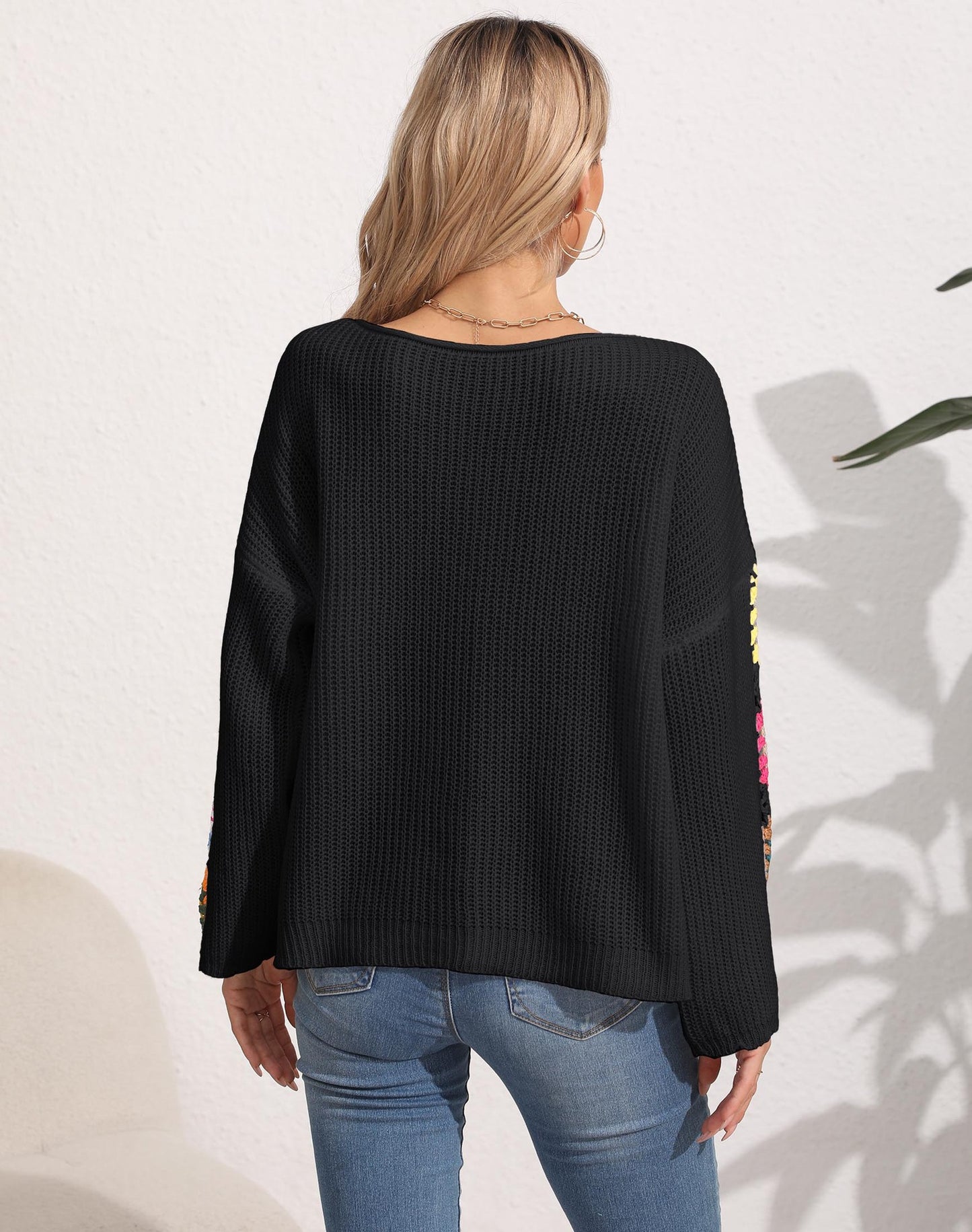 Women's Clothing One-word Collar Off-the-shoulder Hand Hook Flower Splicing Sweater