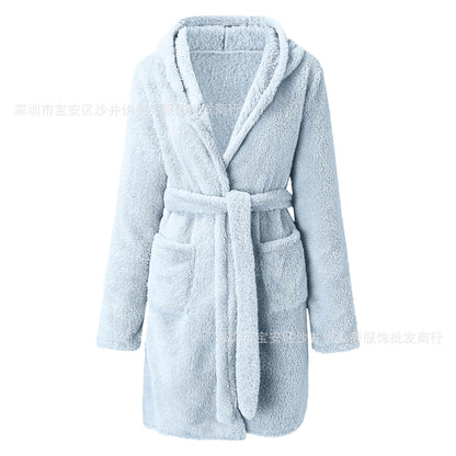 Womens Hooded Plush Fleece Robe Soft Warm Winter