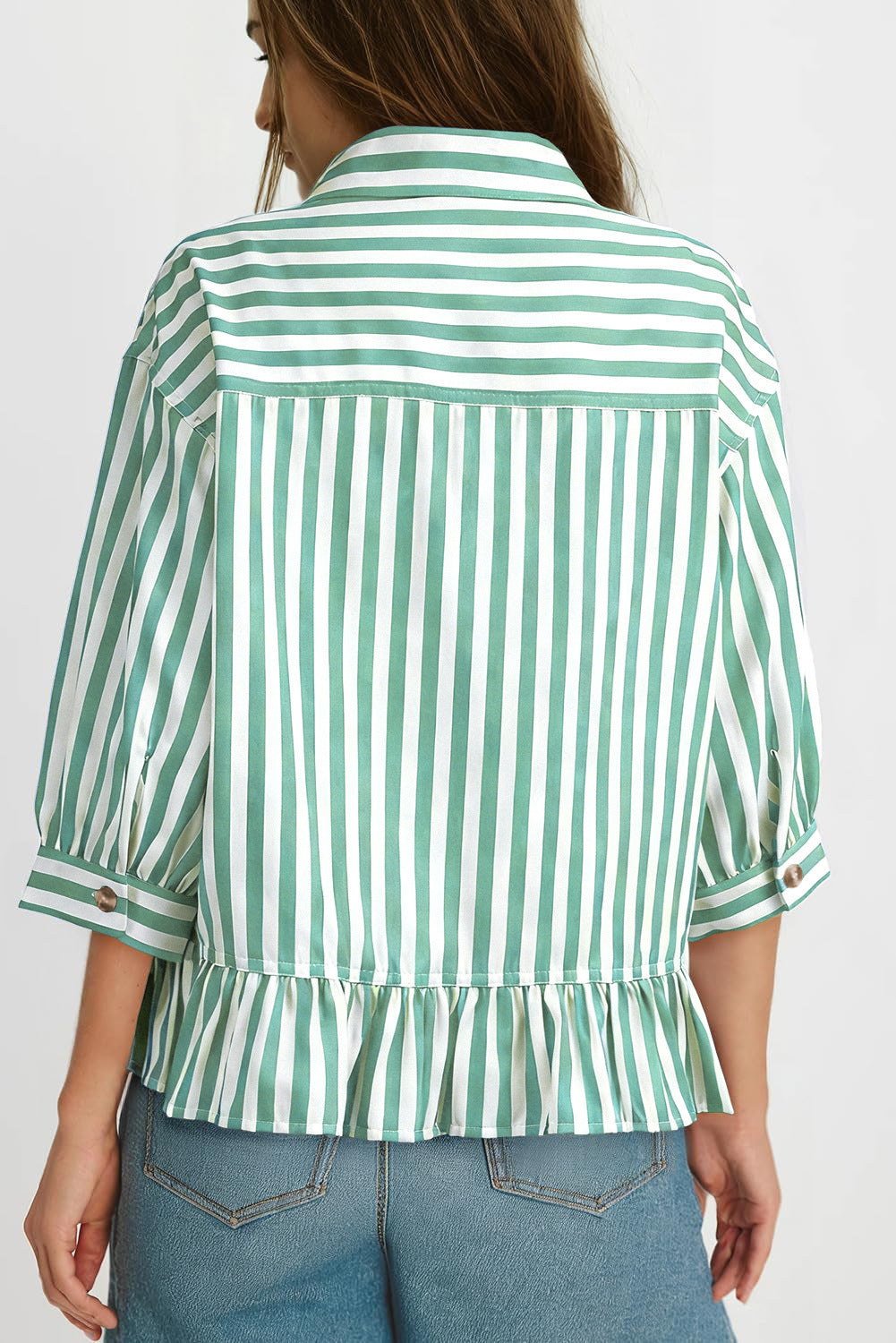 Striped Button Down Ruffle Hem 3/4 Sleeve Blouse
