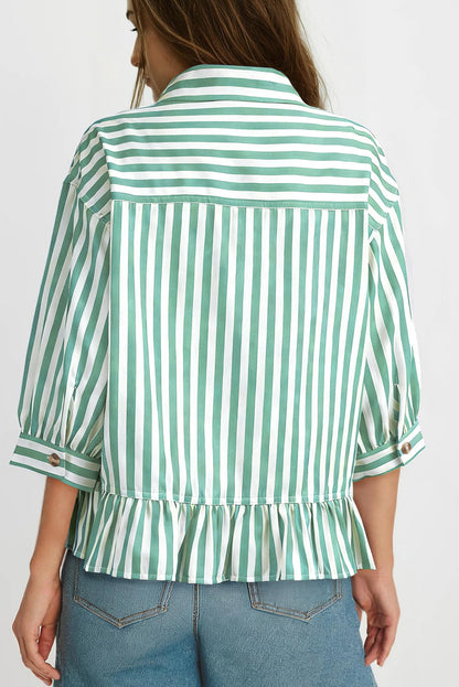 Striped Button Down Ruffle Hem 3/4 Sleeve Blouse
