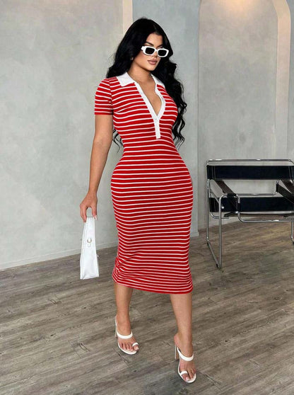 Polo Collar Stripe Bodycon Midi Dress Short Sleeve Casual