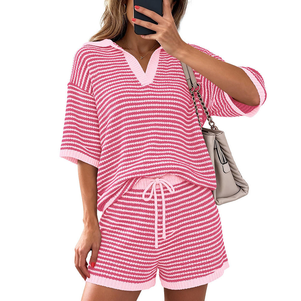 Pink Stripe Knit Lounge Set V Neck Top Shorts Set