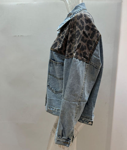 Women's Leopard Patchwork Denim Jacket Button Up Casual