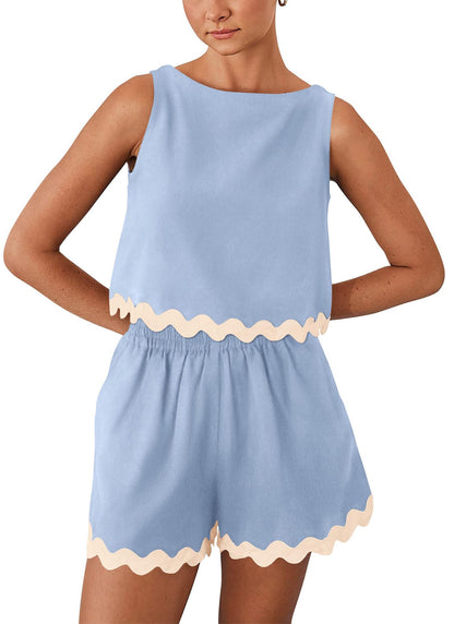 Linen Lace Two-Piece Set - Summer Crew Neck Vest & Shorts