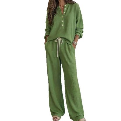 Waffle Knit Two Piece Lounge Set Wide Leg Pants