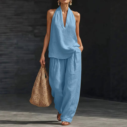 Women's Sleeveless Halter Top Wide Leg Pants Matching Set