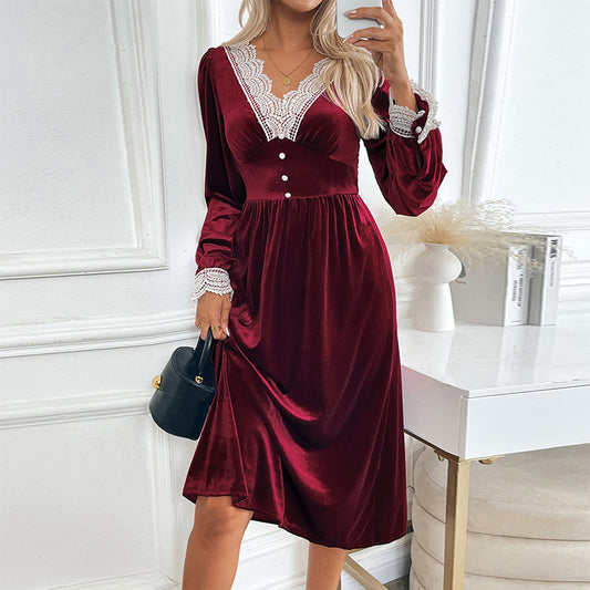 Party Velvet Dress Autumn and Winter Lace Stitching Contrasting Dress Dress