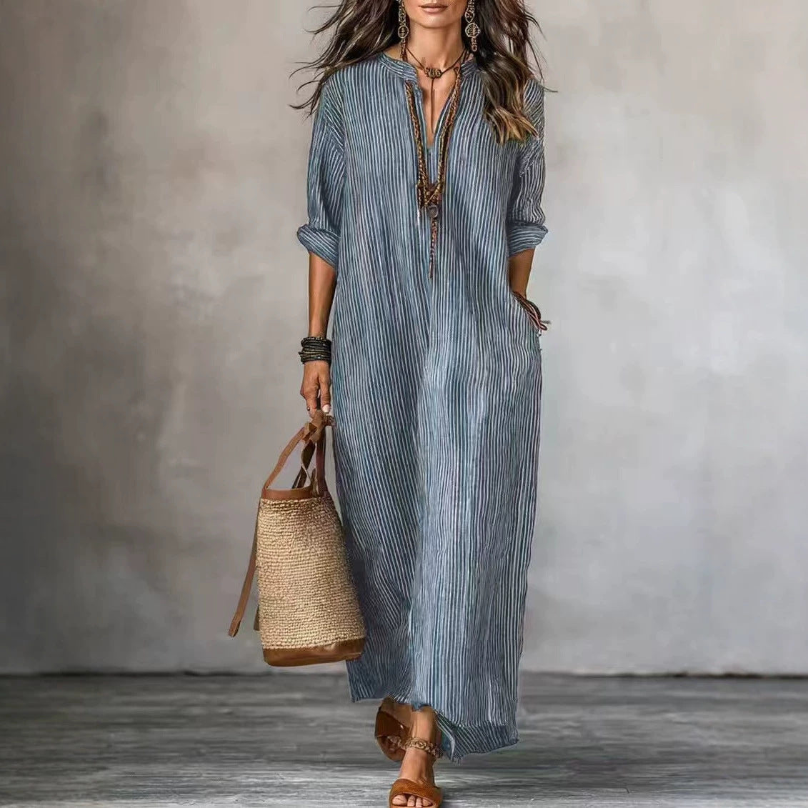 Striped V-Neck Maxi Dress Loose Casual 3/4 Sleeve