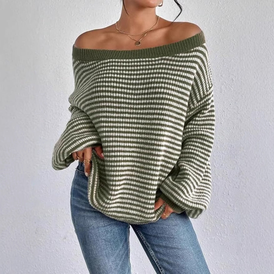 Off Shoulder Striped Sweater Balloon Sleeve Oversized Knit