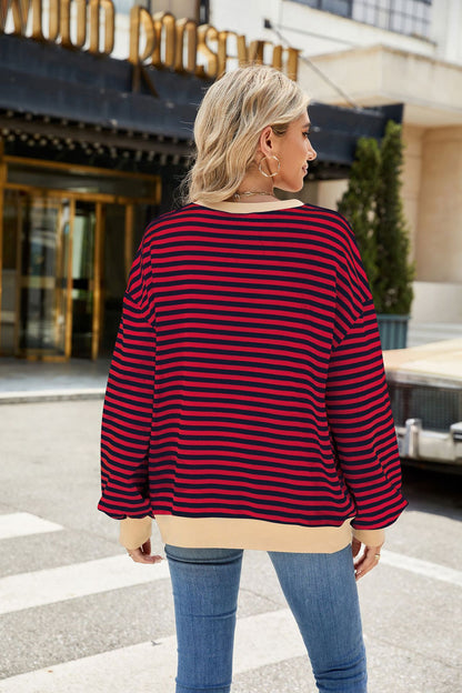 Striped Color Block Crew Neck Loose Fit Long Sleeve Sweatshirt
