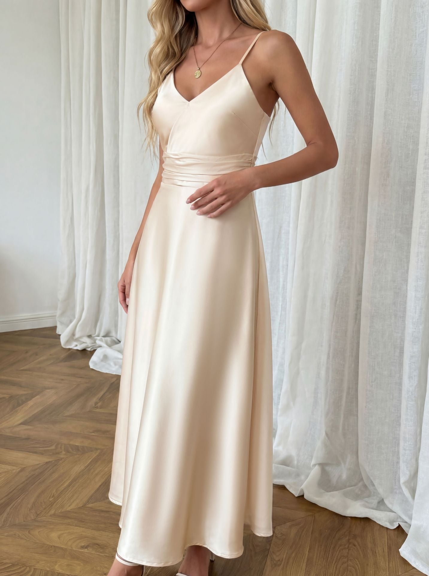 Satin Maxi Dress V Neck Cami Waist Tie Elegant