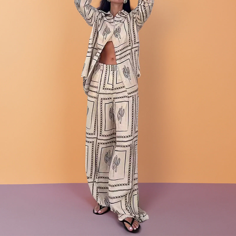 Boho Printed Button Down Shirt Wide Leg Pants Matching Set