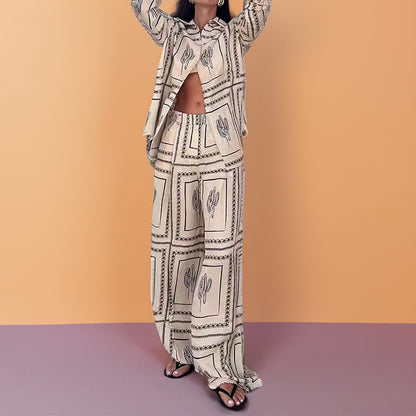 Boho Printed Button Down Shirt Wide Leg Pants Matching Set