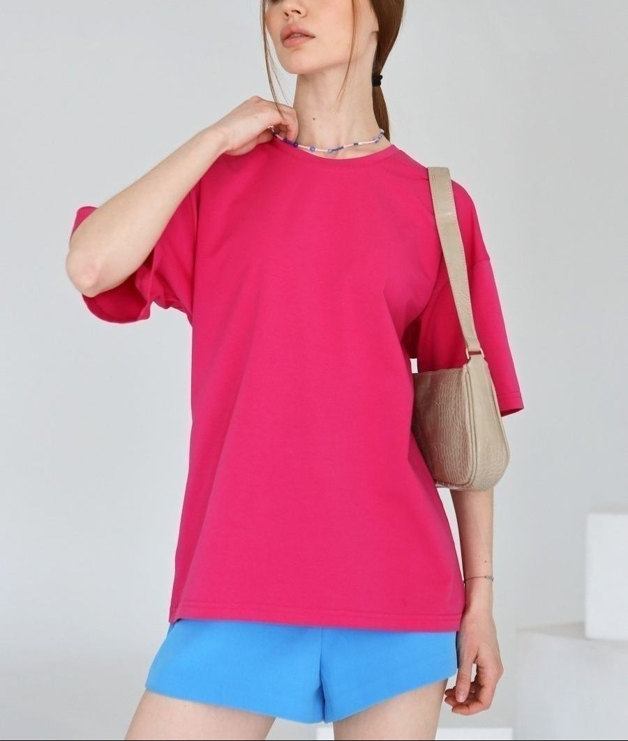 Solid Cotton T Shirt Loose Fit Crewneck Casual Top