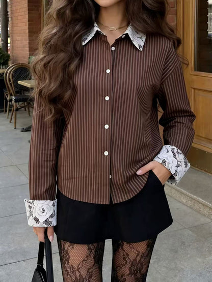Women's Striped Lace Trim Long Sleeve Button Down Blouse