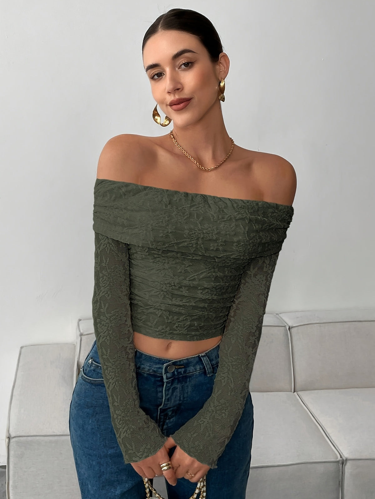 Women's Off Shoulder Floral Lace Backless Long Sleeve Top