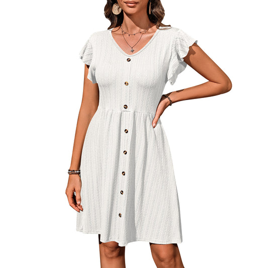 V-Neck Button Elastic Waist Short-Sleeve Dress