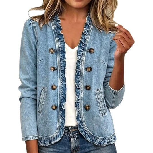 Women's Ruffle Button Down Denim Jacket Long Sleeve Casual