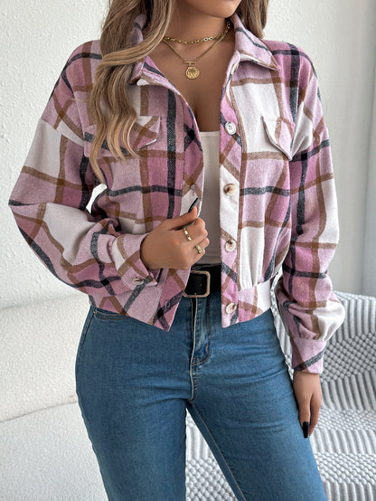 Plaid Button Front Long Sleeve Casual Jacket Coat