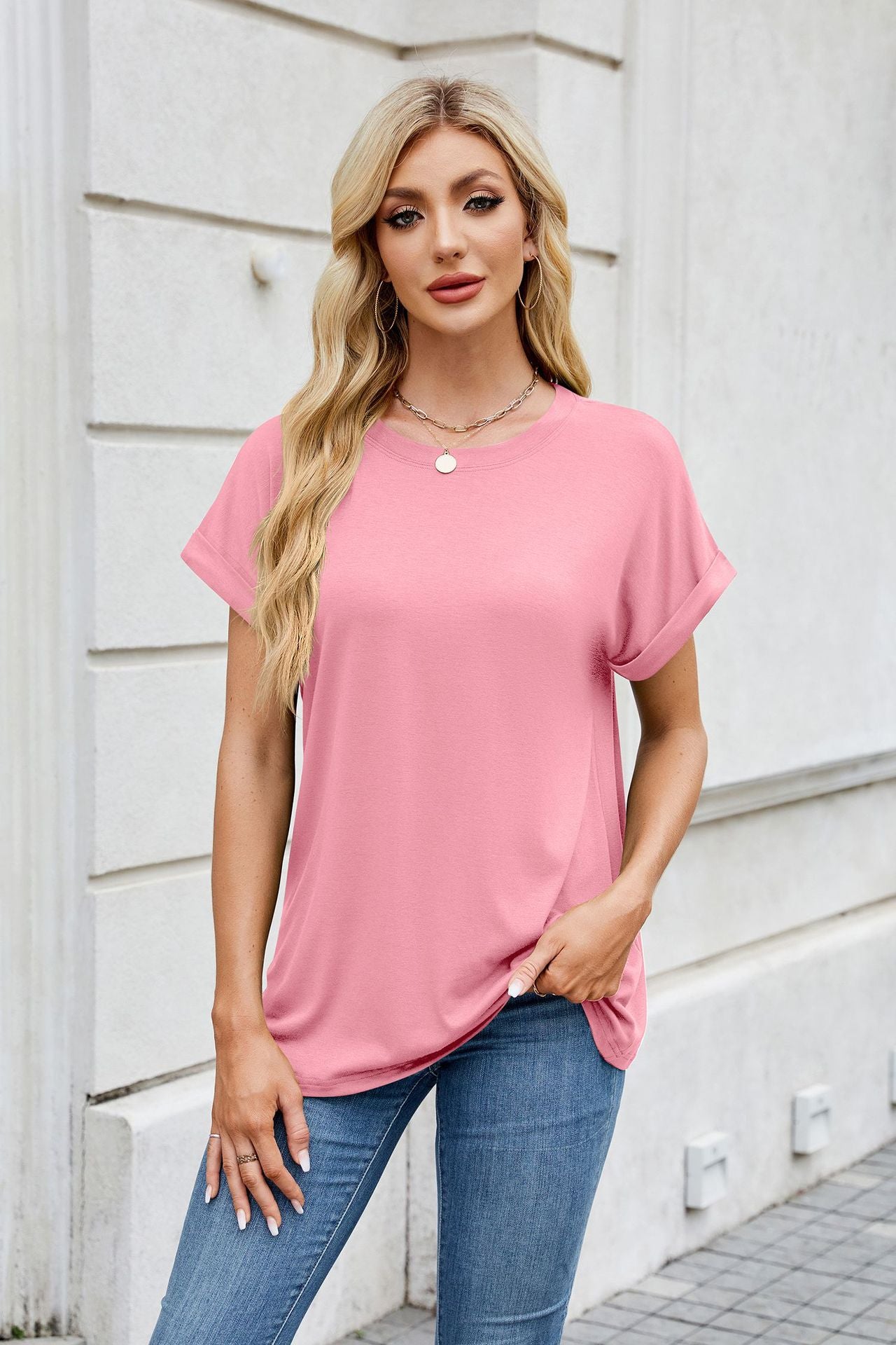 Solid Knit T Shirt Loose Fit Casual Custom Top