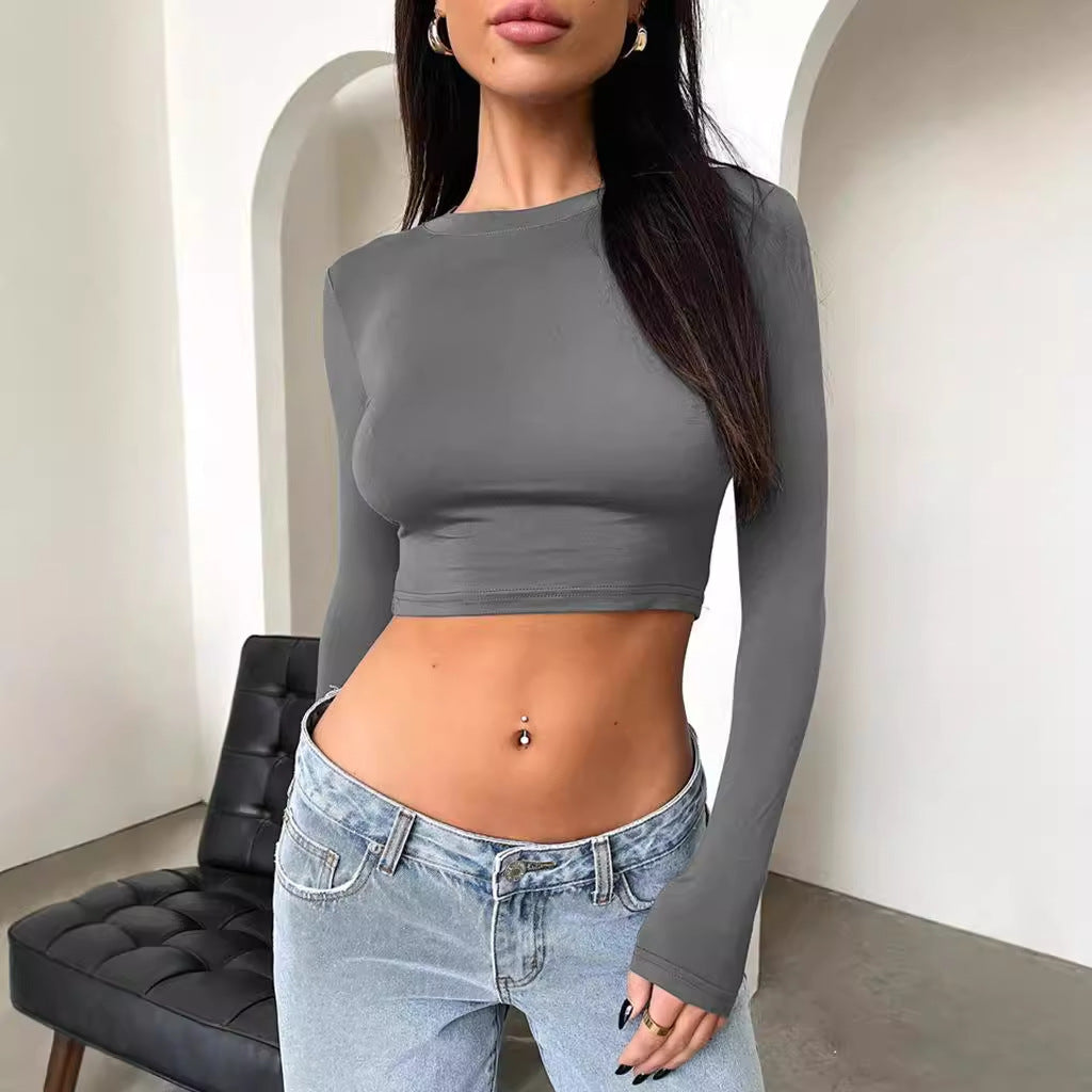 Women's Y2K Sexy Long Sleeve Crop Top Fitted Basic Tee