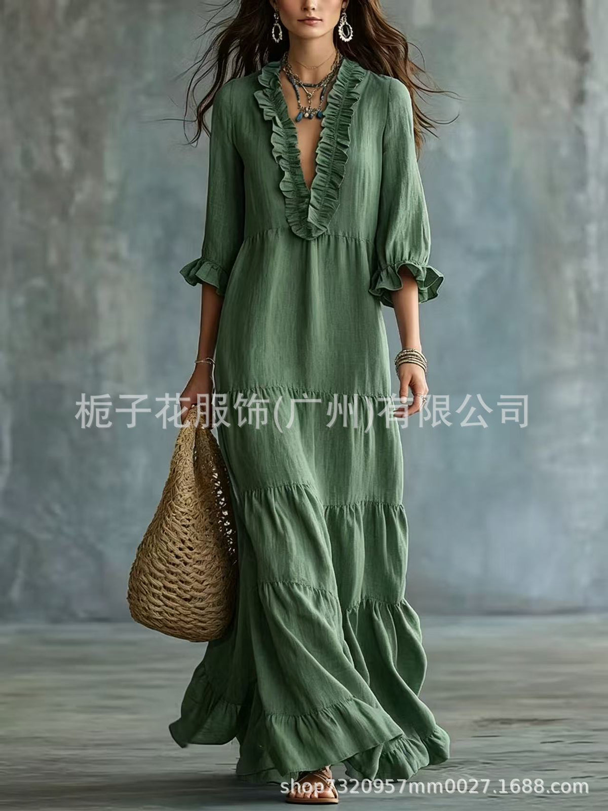 Women's Boho V-Neck Ruffle Tiered Maxi Dress Casual Summer