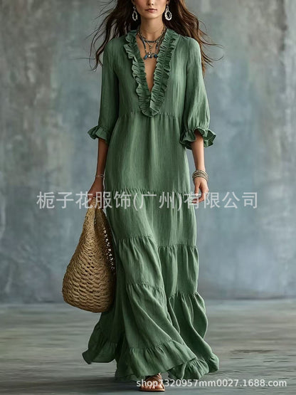 Women's Boho V-Neck Ruffle Tiered Maxi Dress Casual Summer