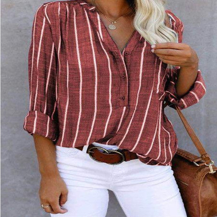 Women's Striped V-Neck Long Sleeve Casual Blouse