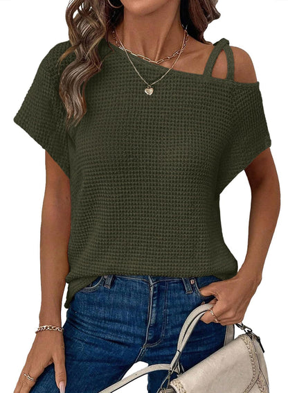 Women's Off-Shoulder Knit Top – Casual Summer Short Sleeve Blouse