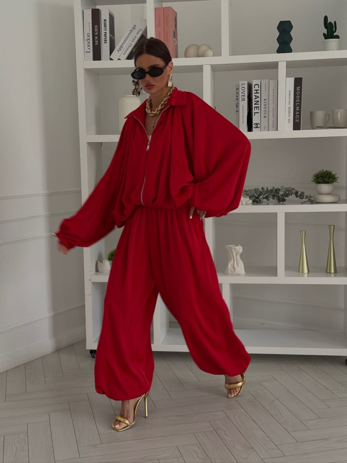 Women's Satin Batwing Zip-Up Two-Piece Jogger Set