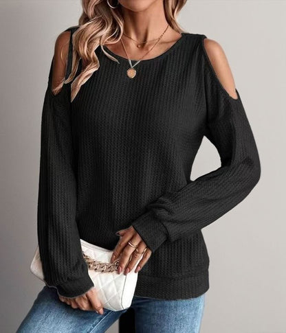 Women's Cold Shoulder Waffle Knit Long Sleeve Casual Top
