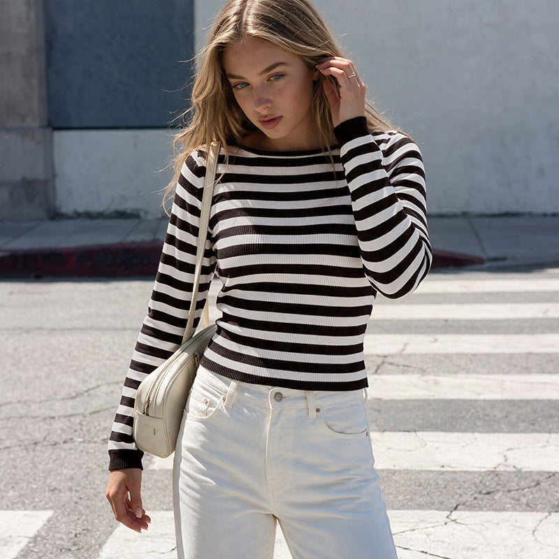 Women's Striped Boat Neck Long Sleeve Knit Sweater