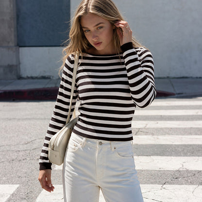 Women's Striped Boat Neck Long Sleeve Knit Sweater