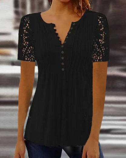 Women's Lace Sleeve Pleated V-Neck Blouse
