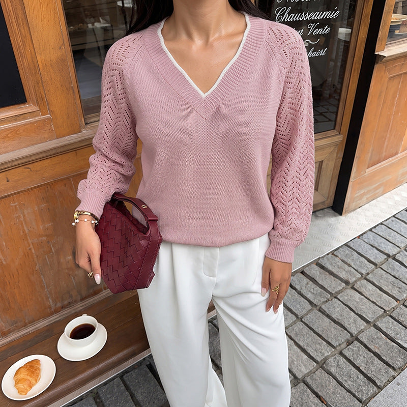 Solid Knit V Neck Sweater Contrast Trim Pointelle Sleeve