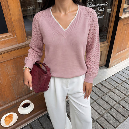 Solid Knit V Neck Sweater Contrast Trim Pointelle Sleeve