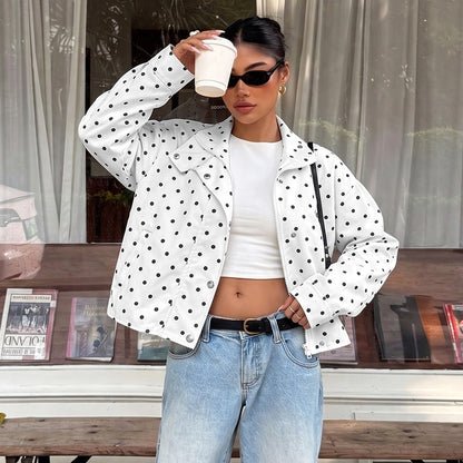 Polka Dot Stand Collar Snap Button Relaxed Jacket