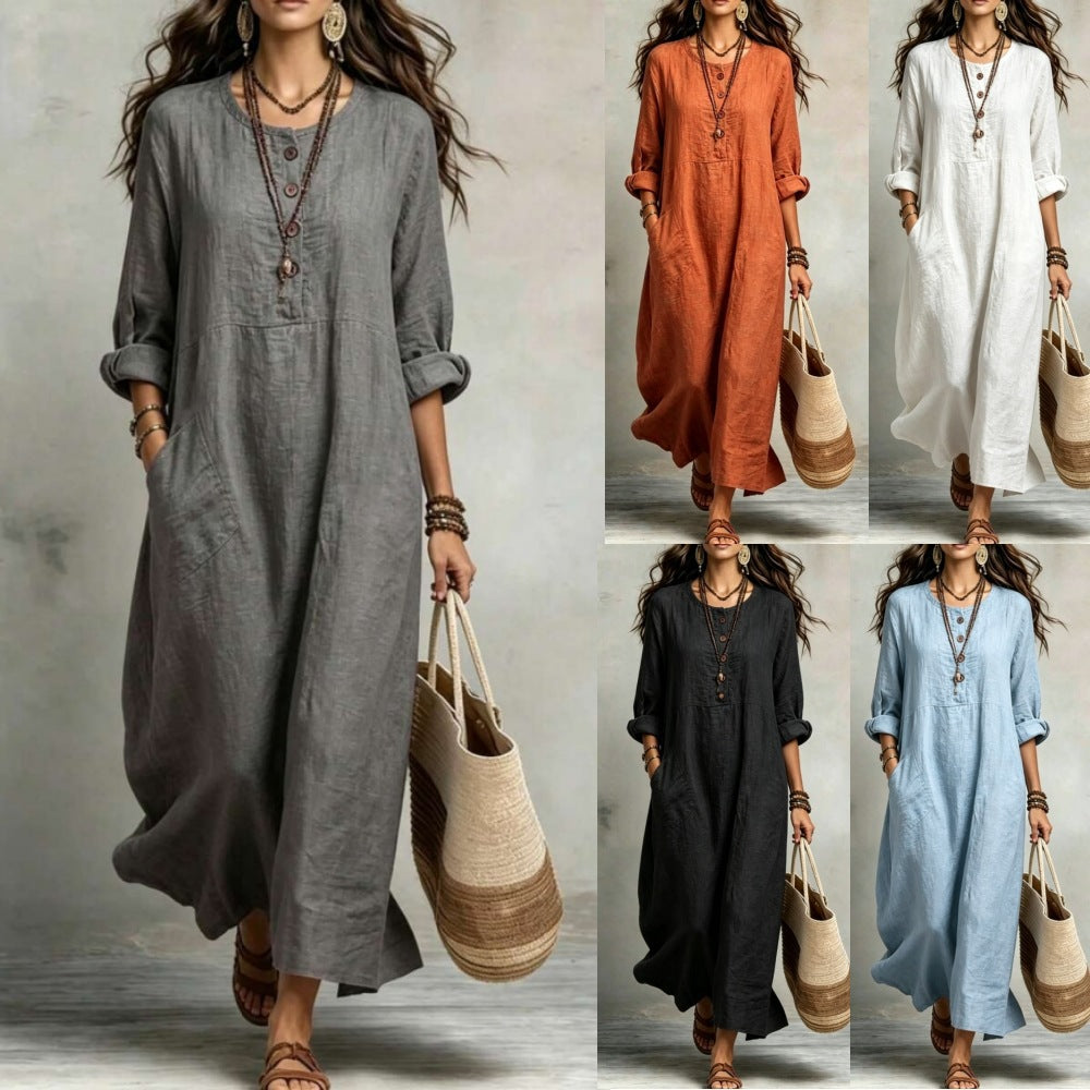 Women's Cotton Linen Maxi Dress Long Sleeve with Pockets
