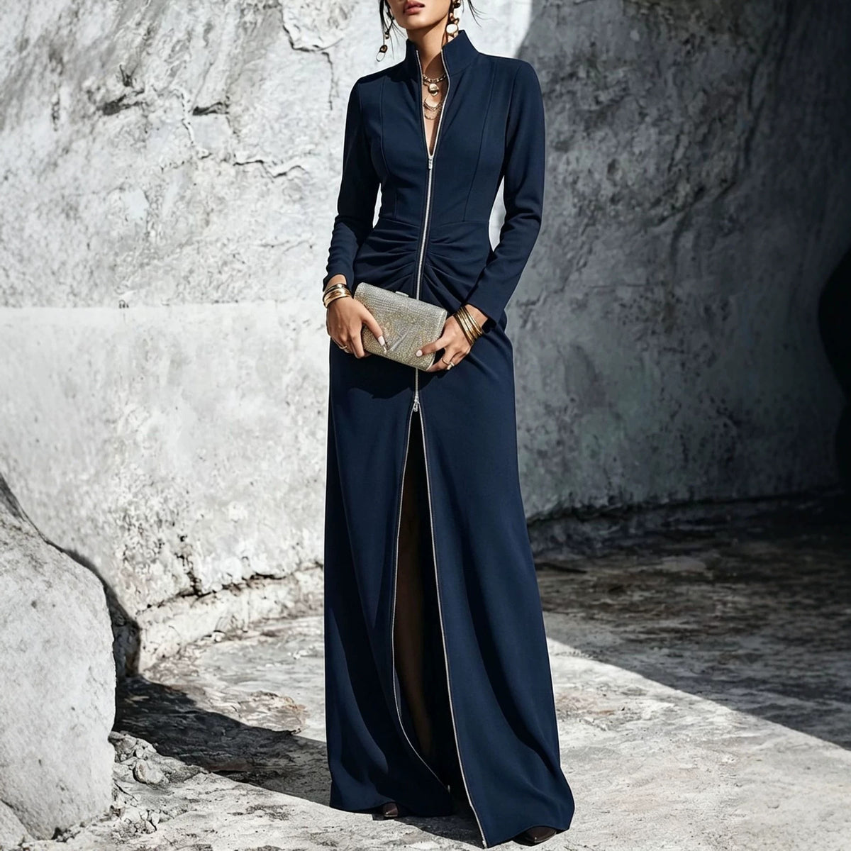 Ruched High Neck Zip Front Maxi Dress Bodycon Long Sleeve