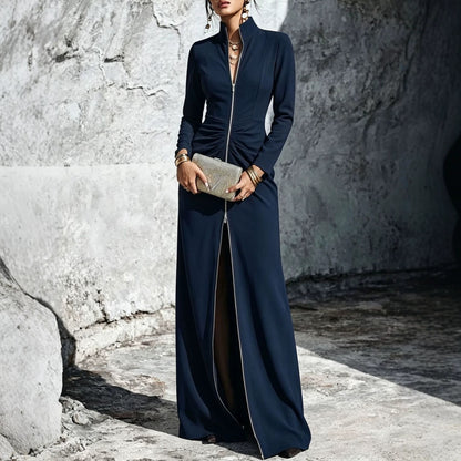 Ruched High Neck Zip Front Maxi Dress Bodycon Long Sleeve