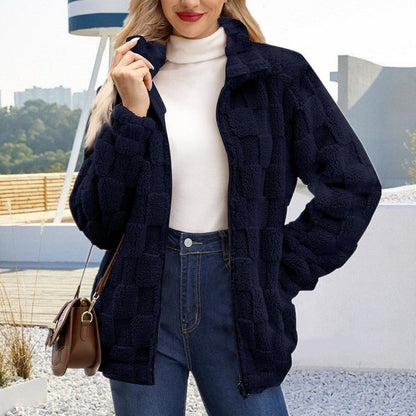 Textured Plush Zip Jacket Stand Collar Fleece Outerwear