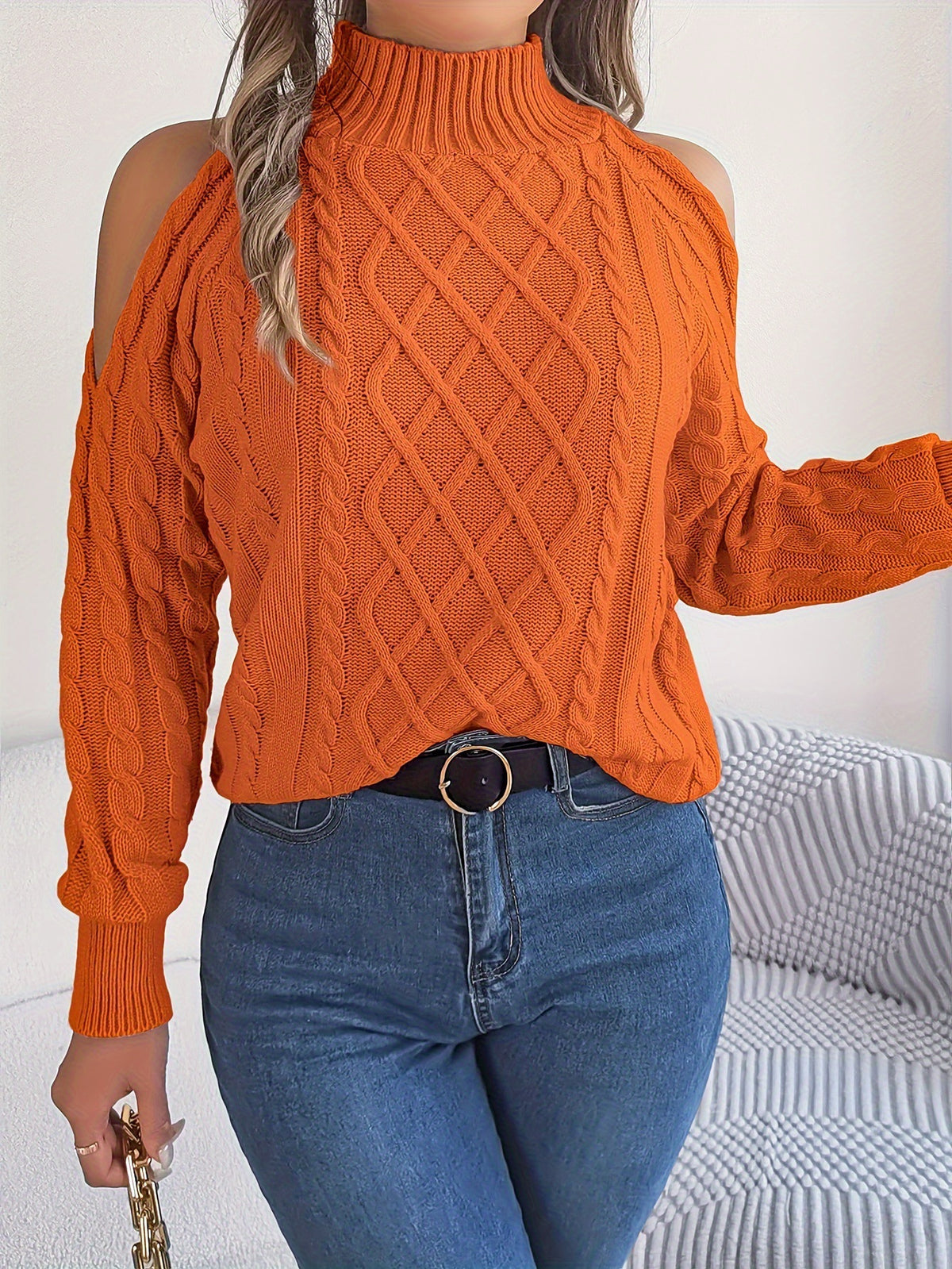 Women's Cold Shoulder Cable Knit Mock Neck Sweater
