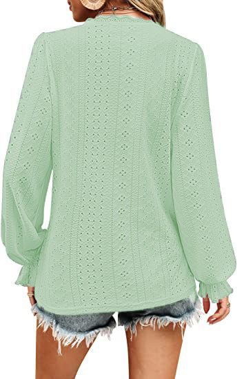 Women's Eyelet V-Neck Puff Sleeve Lace Blouse