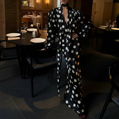 Elegant Polka Dot Puff Sleeve V-Neck Maxi Dress