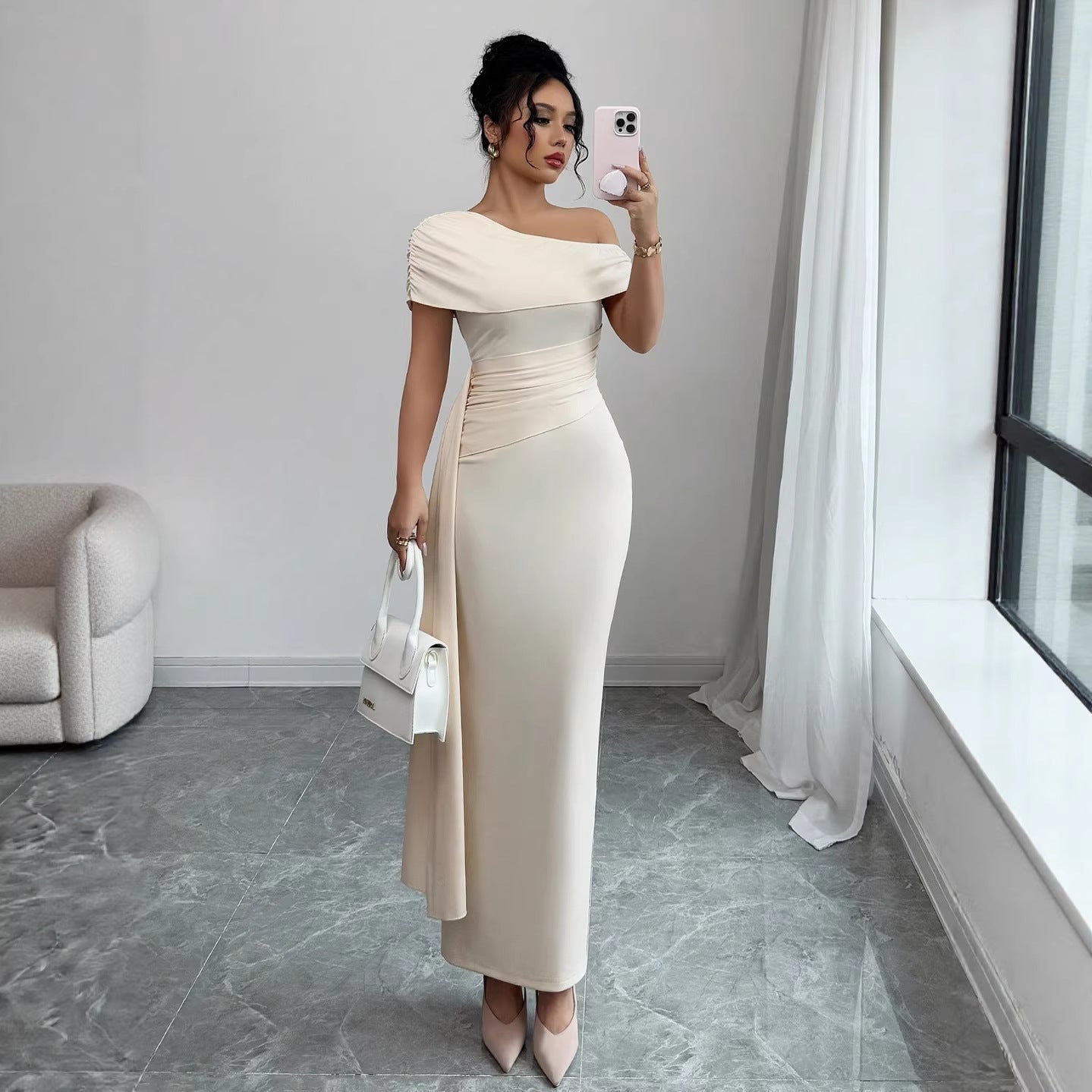 One Shoulder Maxi Dress Ruched Waist Bodycon Fit