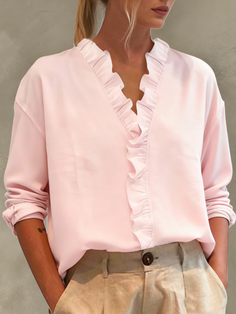 Women's Ruffled V-Neck Long Sleeve Loose Casual Blouse Top