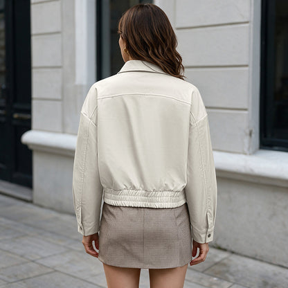 Solid Collared Cropped Jacket Zip Up Relaxed Fit
